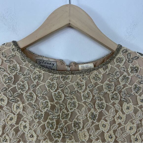 Vintage Stenay Beaded Pearl Ivory Floral Lace Dress Size 8 - Picture 3 of 12